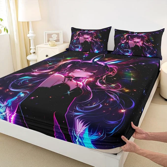 Sophisticated Erosebridal Cute Bunny Girls Full Bed Sheets for Kids Boys Girls Japanese Anime Girl Fitted Sheet Cartoon 3D Bedding Sets al Neon Stars Sheets with 2 Pillowcases Prestigious