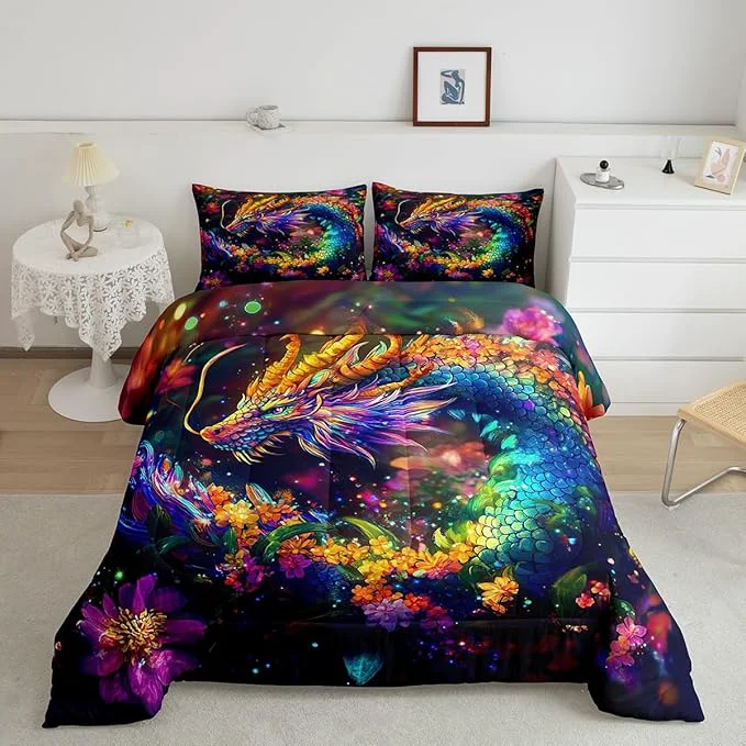 Recyclable Feelyou Dragon Comforter Set Queen Size Flower Dragon Comforter for Boys Girls Teens Wild Life Bedding Set Dragon Decor Duvet Set Room Decor Clorful Quilt Set Trusted