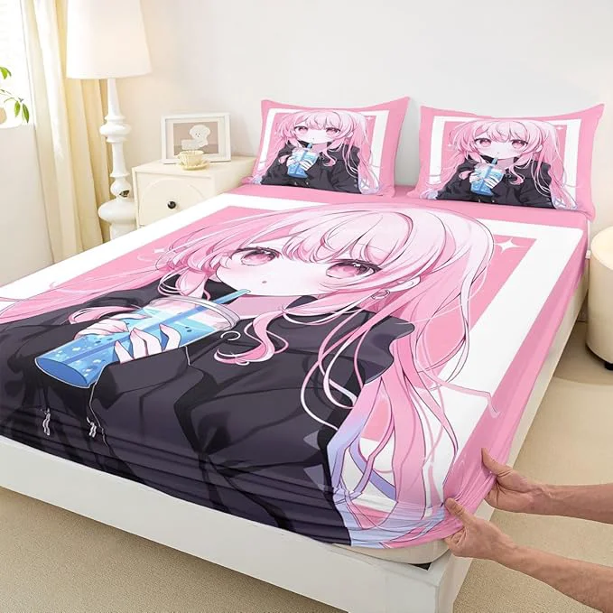 Consistent Erosebridal 3D Japanese Queen Bed Sheets Anime Girl Drinking Milk Tea Fitted Sheet Cute Kawaii Girly Kids Bedding Sets Modern Fashion Aesthetic Sheets with 2 Pillowcases