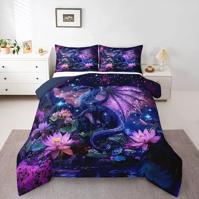 Prestigious Feelyou Dragon Comforter Set King Size Dragon Stuff Bedding Set for Kids Boys Girls Wild Life Duvet Quilt Wildlife Bedroom Decor Dull Purple Microfiber 3 Pcs with 2 Pillow Cases Stylish