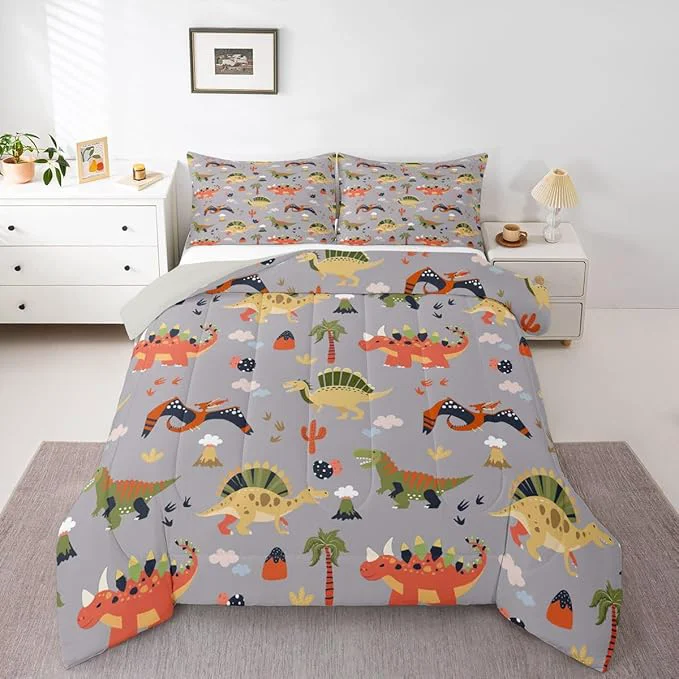 Dependable Feelyou Cartoon Dinosaur Comforter Set All Season Cute Bedding Set with 2 Pillow Cases Jungle Dino Kids King Bedclothes Wild Animal Bedroom Decor Gray Duvet Quilt Breathable Soft Authentic