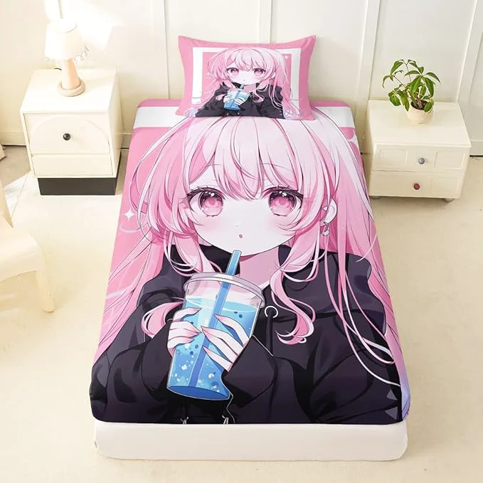 Quality Erosebridal 3D Japanese Twin Bed Sheets Anime Girl Drinking Milk Tea Fitted Sheet Cute Kawaii Girly Kids Bedding Sets Modern Fashion Aesthetic Sheets with 1 Pillowcase Contemporary