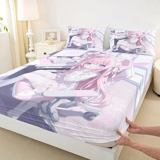 Professional Erosebridal Kawaii E-Sports Girl Fitted Sheet Full 3D Japanese Girl Bed Sheets for Boys Girls Girly Gaming Bed Set Anime Gifts for Her Sheets with 2 Pillowcases Verified