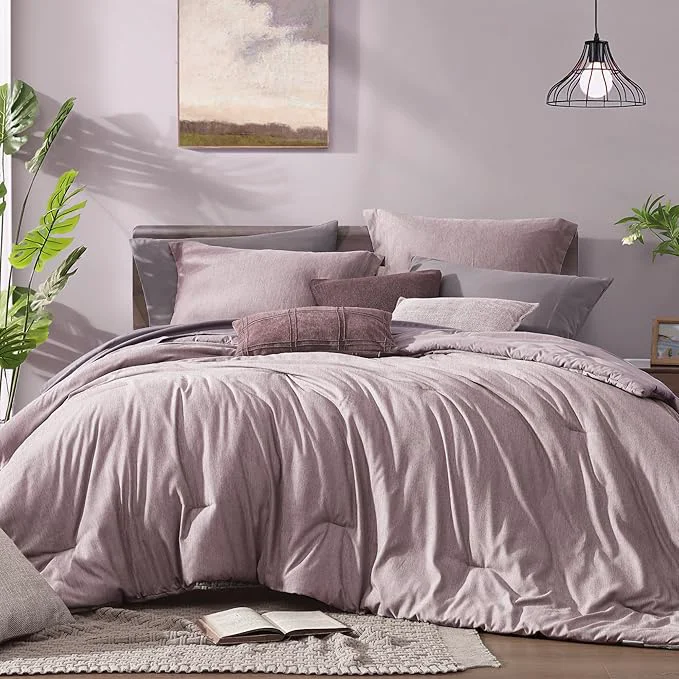 Prestigious Monbix King Size Comforter Set Lilac King Size Bedding Set Reversible King Comforter Set 7 Pieces Cationic Dyeing Bed in a Bag with Comforter Sheets Pillowcases amp Shams Solid
