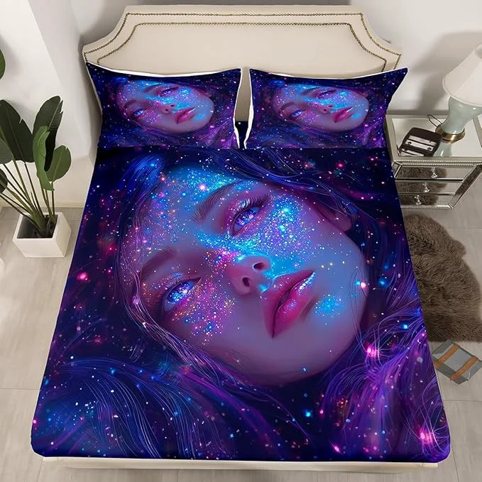 Certified Erosebridal Twin Fitted Sheet for Girls Modern Art Fashion Girl Painting Bed Sheets Galaxy Stars Print Sheets Glitter Zodiac Constellation Bed Set Anime Gifts Bedroom Decor Elegant
