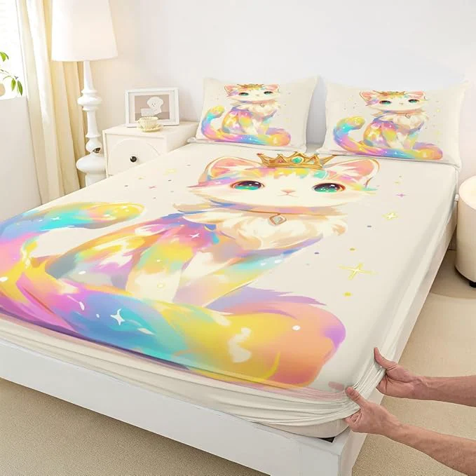 Exceptional 3D Anime Cat Bedding Set for Animal Lovers Cartoon Lovely Cat Fitted Sheet Full Kawaii Colorful Pet Bed Sheets for Girls Boys Kids Cartoon Gifts Decor for Bedroom 1 Fitted Sheet 2 Pillowcases Casual