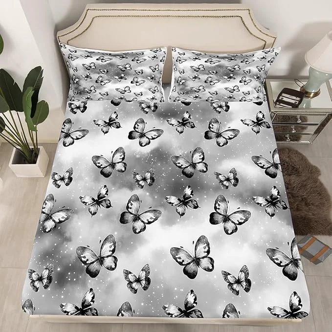 Practical Erosebridal Butterfly Fitted Sheet for Boys Girls Kids Dreamy Coquette Twin Bed Sheets Watercolor Gradient Grey Butterfly Sheets Galaxy Stars Print Bedding Sets No Top Sheet Luxury