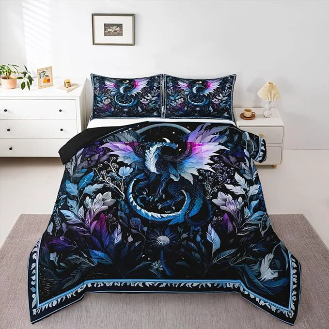 Premium Feelyou Dragon Bedding Set Soft for Boys Girls Wild Life Comforter Set Queen Size Jungle Dragon Duvet Quilt Microfiber Wild Animal Bedroom Decor Dark Blue 3 Pcs with 2 Pillow Cases High-Performance