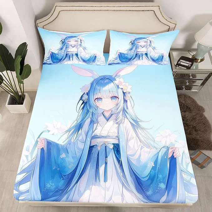 Lightweight Erosebridal Traditional Japanese Girl Fitted Sheet Kawaii Decor 3D Anime Gifts Sheets Cartoon Japanese Girl Bed Set Blue Butterfly Decorations Bed Sheets Full 1 Fitted Sheet 2 Pillowcases Advanced