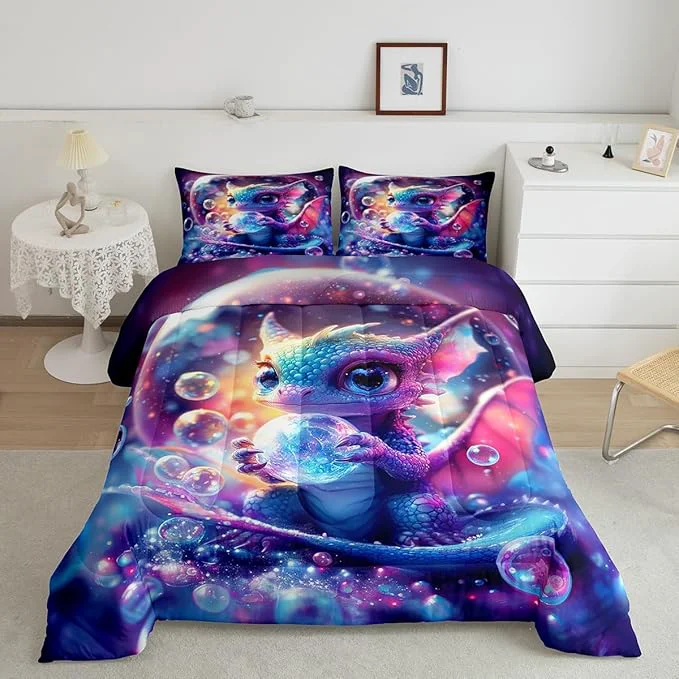 Powerful Feelyou Dragon Comforter Set Twin Size Kawaii Comforter for Boys Girls Teens Wild Life Bedding Set Dragon Decor Duvet Set Room Decor Purple Blue Quilt Set Original Design