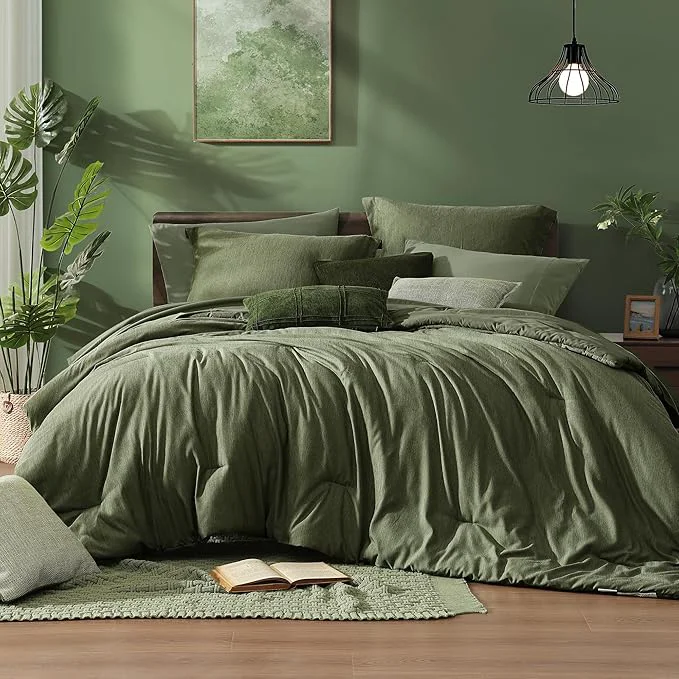 Clean Monbix King Size Comforter Set Olive Green King Bed Set Reversible King Size Comforter Set 7 Pieces Cationic Dyeing Bed in a Bag with Comforter Sheets Pillowcases amp Shams Long-Lasting
