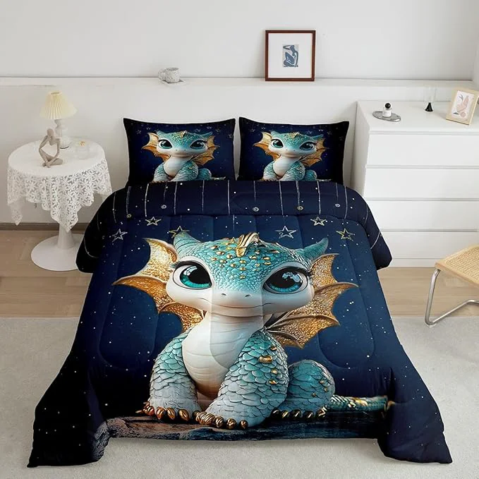 First-Class Feelyou Dragon Comforter Set Toddler Size Dragon Stuff Comforter for Boys Girls Teens Wild Life Bedding Set Dragon Decor Duvet Set Room Decor Navy Blue Quilt Set Quality