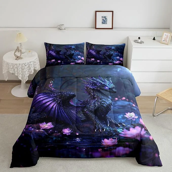 High-Quality Feelyou Dragon Comforter Set Twin Size Dragon Stuff Comforter for Boys Girls Teens Wild Life Bedding Set Flower Duvet Set Room Decor Black Purple Quilt Set Advanced