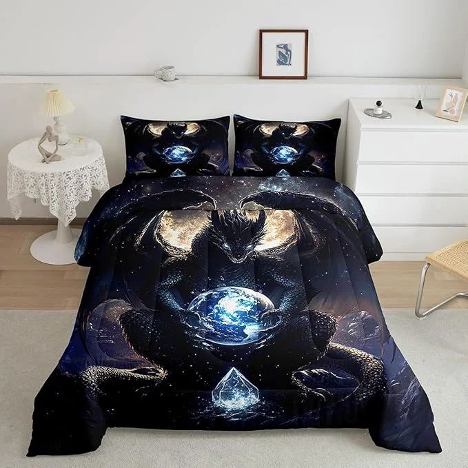 World-Class Feelyou Dragon Comforter Set King Size Comforter for Boys Girls Teens Wild Life Bedding Set Dragon Decor Duvet Set Room Decor Black Quilt Set Secure