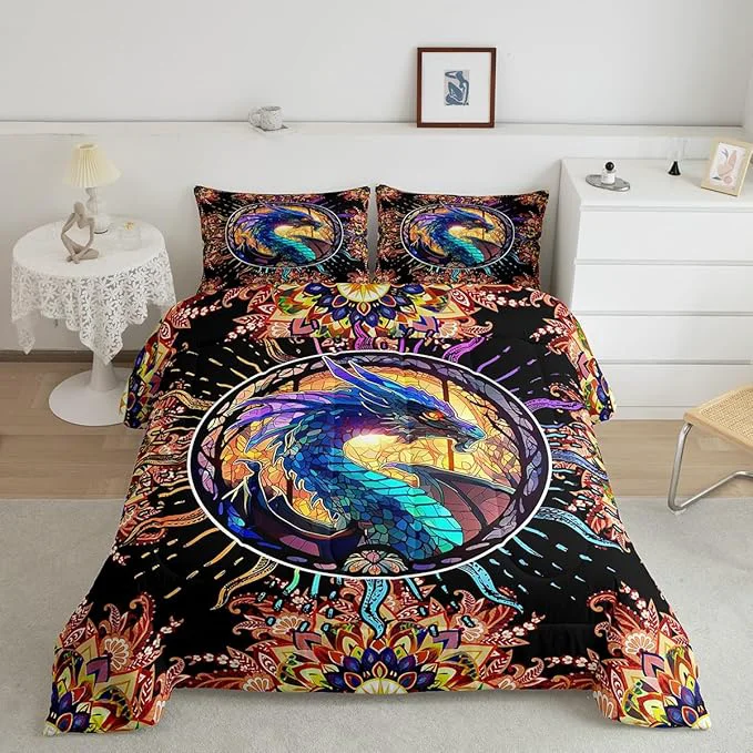 Breathable Feelyou Dragon Comforter Set Full Size Dragon Stuff Comforter for Boys Girls Teens 3D Print Animal Bedding Set Dragon Decor Duvet Set Room Decor Golden Quilt Set Clean