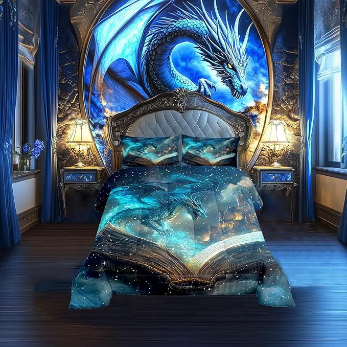 Efficient Flying Dragon Comforter Set Queen Size al Book Pattern Bedding Set Bedroom Decor Vintage Mid-Century Castle Quilt Set Comfortable Breathable Neon Burning Flame Duvet Insert 3Pcs Quality