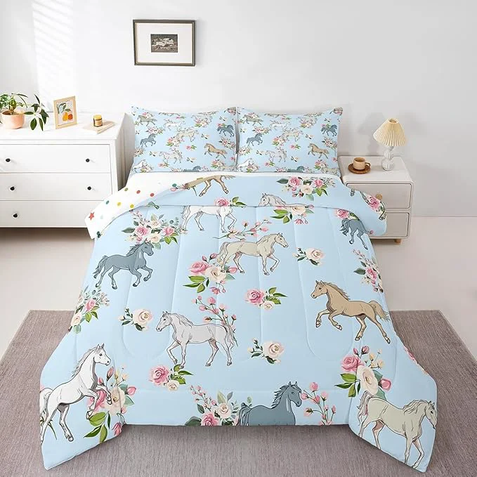 Original Design Horse Quilt Full Size Farmhouse Western Cowboy Cowgirls Duvet Insert for Kids Boys Girls Teens Cartoon Kawaii Horse Bedding Set Rustic Rose Floral Comforter Set 2 Pillow Cases Optimized