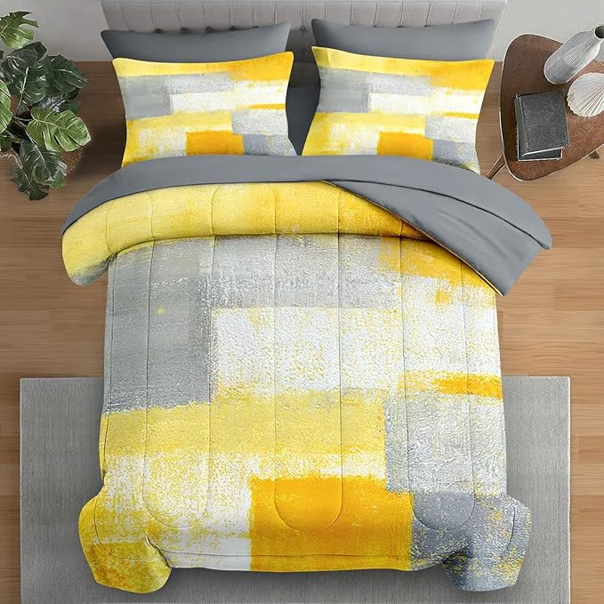 Responsible Comforter Set King Size Grey Yellow Painting Gray 7 Pcs Bedding for Kids and Adults Office Contemporary Abstract Bed Sheet Sets with Fitted Sheet 2 Pillowcase amp 2 Sham for Bedroom Bed Decor Comfortable