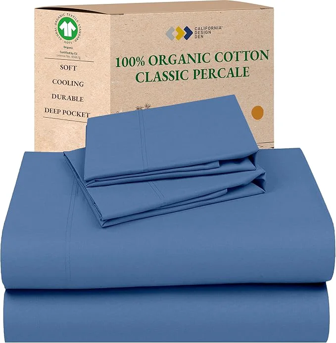 Fashionable California Design Den Soft Organic Cotton Sheets Queen Size Bed Set – Crisp and Cool Percale Deep Pocket Organic Sheets with Anti-Skid Elastic Breathable and Durable Bedding Set – Riviera Blue Exceptional