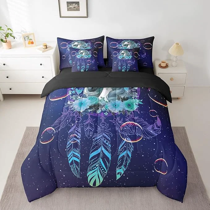 Trendy Unicorn 7 Piece Comforter Set Full Bed in a Bag Dream Catchers Feather Bedding Sets Dreamy Horse Animal Sheet Set with Comforter Powerful