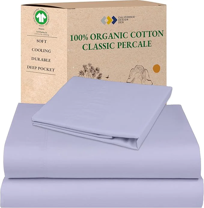 Fine Crafted California Design Den Soft Organic Cotton Bed Sheets Twin XL Size Set – Crisp Percale Organic Sheets Deep Pockets Durable Bedding Set for Dorms Hospitals – Lavender Mist Clean