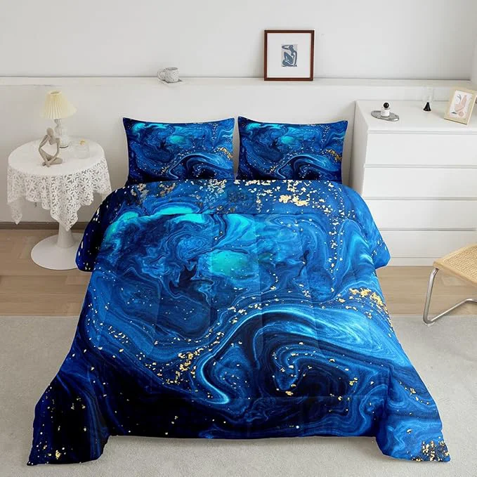 Prestigious Blue Marble Comforter Set Twin Ombre Blue Fluid Bedding Set Trippy Liquid Down Comforter Gypsy Golden Sequins Printed Duvet Set Tie Dye Gradient Soft Bedding Comforter Sets with 2 Pillowcases Casual