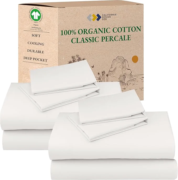 Verified California Design Den 2-Pack Organic Cotton Sheet Sets Full Size Bed – Crisp Percale Feel Deep Pocket Sheets Lightweight Bedding Set – True Ivory Reliable