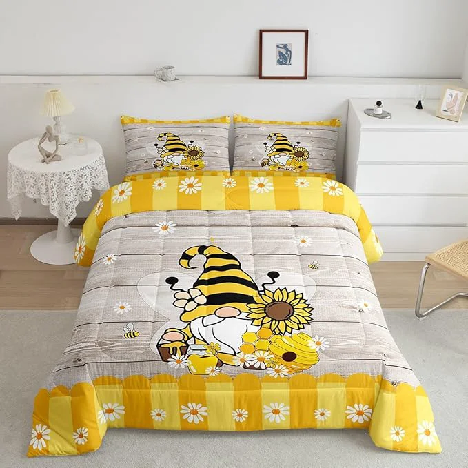 Detailed Erosebridal Bee Gnome Comforter Set King Sunflower Daisy Floral Bedding Set for Kids Boys Girls Honeycomb Honey Can Duvet Set Home Room Decor Yellow Farm Cartoon Soft Down Comforter 3 Pcs Top-Quality
