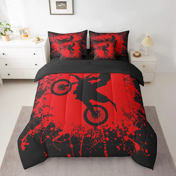 Smart Erosebridal Motocross Bed in a Bag King Size Comforter Set 7 Pieces Motorcycle Dirt Bike Bedding Sets Motorbike Race Car Sheet Set with Comforter Modern