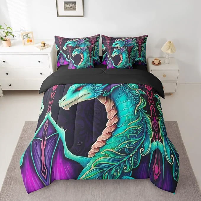 Professional Erosebridal 3D Dragon Bed in a Bag Queen Comforter Set 7 Piece Vintage Gothic Gothic Green Dragon Bedding Sets Antique Wildlife Mythical Animal Sheet Set with Comforter Authentic
