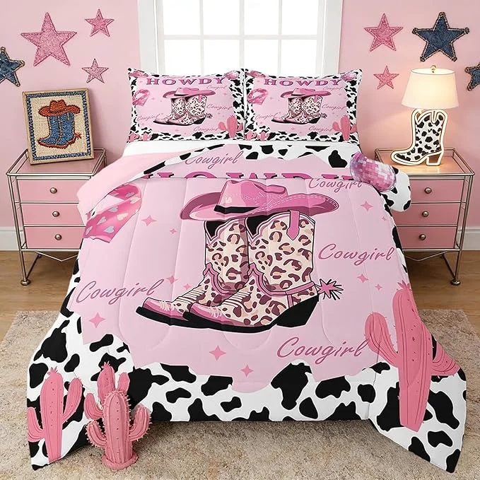 Organic Castle Fairy Pink Cowgirl Bedding Set Twin Size Milk Cow Print Comforter Set for Girls Room Decor Modern Leopard Cowboy Boots Down Comforter Desert Cactus Quilt Set with 1 Pillowcase Superior