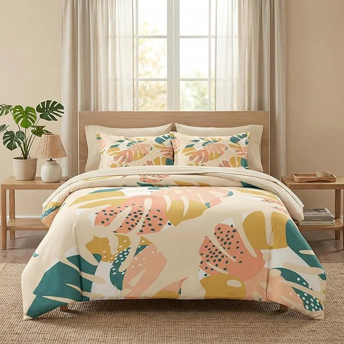 Relaxed Comforter Set Full Size Monstera Palm Leaf Botanical 7 Pcs Bedding for Kids and Adults Spring Summer Green Bed Sheet Sets with Fitted Sheet 2 Pillowcase amp 2 Sham for Bedroom Bed Decor Pure