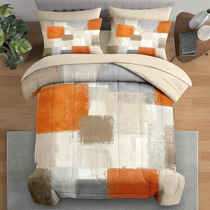 Top-Quality Comforter Set Full Size Beige Grey Abstract Painting 7 Pcs Bedding for Kids and Adults Orange Gray Contemporary Bed Sheet Sets with Fitted Sheet 2 Pillowcase amp 2 Sham for Bedroom Bed Decor Effective