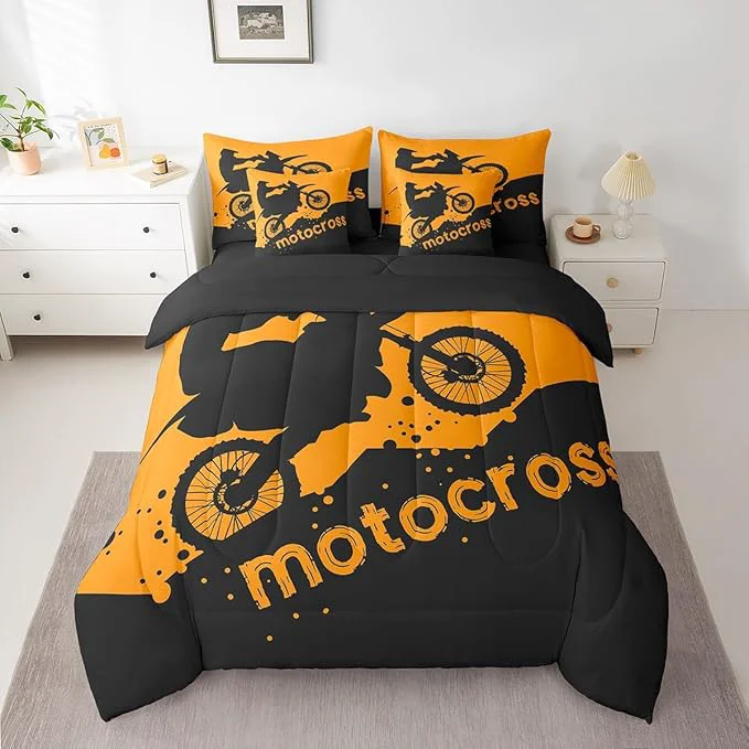 Powerful Erosebridal Motocross Bed in a Bag Queen Comforter Set 7 Piece Motorbike Race Car Bedding Sets Motorcycle Dirt Bike Sheet Set with Comforter Practical