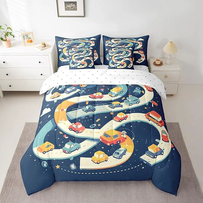 Expertly Made Castle Fairy Road Traffic Comforter Set King Size Colorful Cartoon Cars Bed Set 7pcs with Comforter Fitted Sheet Flat Sheet 2 Pillowcases and 2 Throw Pillow Covers Vehicle Car Bedding for Kids Healthy