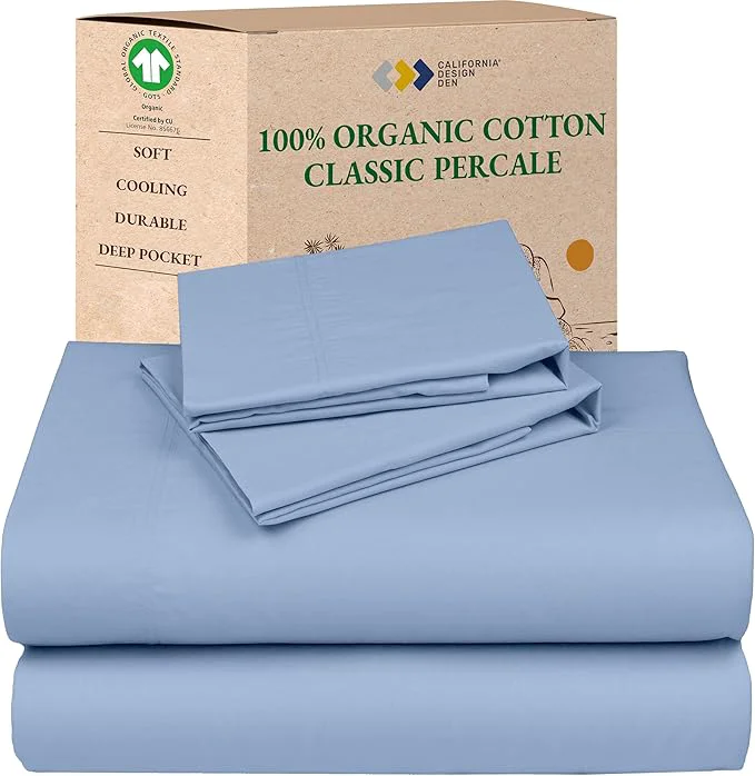 Refined California Design Den Full Size Bed Sheets Set – Soft Organic Cotton Sheets Crisp and Cool Percale Deep Pockets with Anti-Skid Elastic Breathable and Durable Bedding Set – Light Blue Excellent