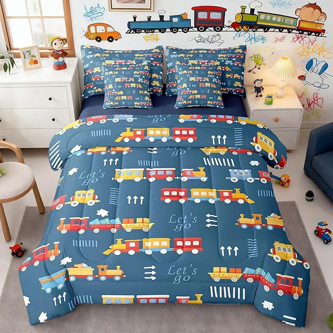 Consistent 7 Pieces Cartoon Train Boys Twin Comforter Set Red Yellow Cute Trains Bedding Set Hand Drawn Style Graffiti Decor Hippie Bed in a Bag with Comforter Flat amp Fitted Sheet 2 Pillowcases 2 Pillow Covers High-End