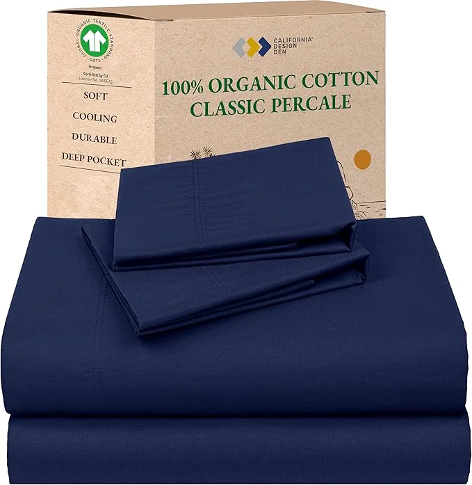 Artisan California Design Den Queen Size Sheet Set – Soft Organic Cotton Bed Sheets with Deep Pockets Crisp Percale Breathable and Durable Bedding Set – Navy Blue Official