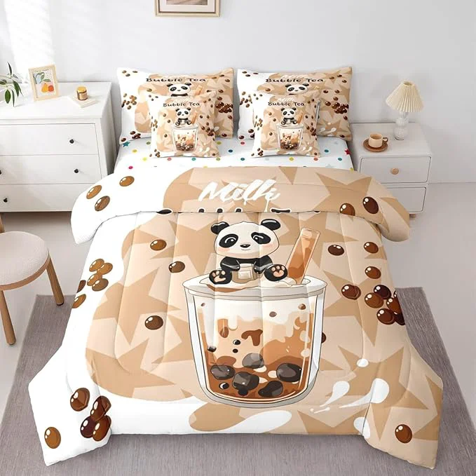 Healthy Cartoon Bubble Milk Tea 7 Pcs Bedding Sets Cute Panda Wild Animal Comforter Set for Kids Boys Girls Teens All Season Comforter Flat Sheet Fitted Sheet 2 Pillowcases 2 Pillow Covers Queen Size Exclusive