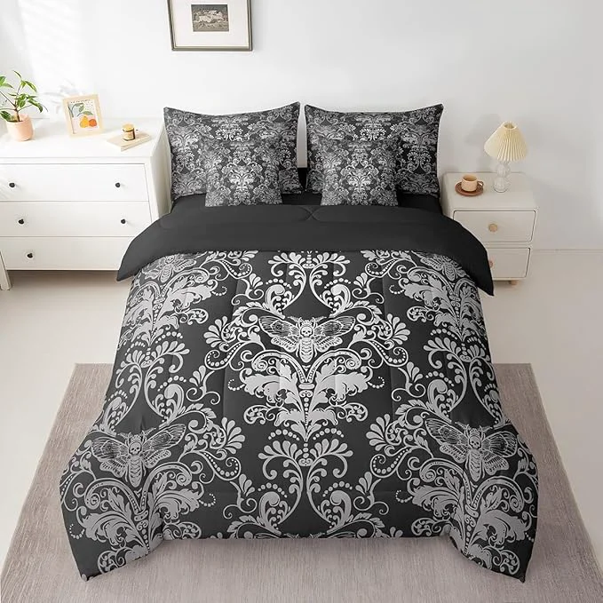 Long-Lasting Erosebridal Gothic Damask Bed in a Bag King Size Comforter Set 7 Pieces Exotic Moth Bedding Sets Black White Victorian Floral Goth Sheet Set with Comforter Quality