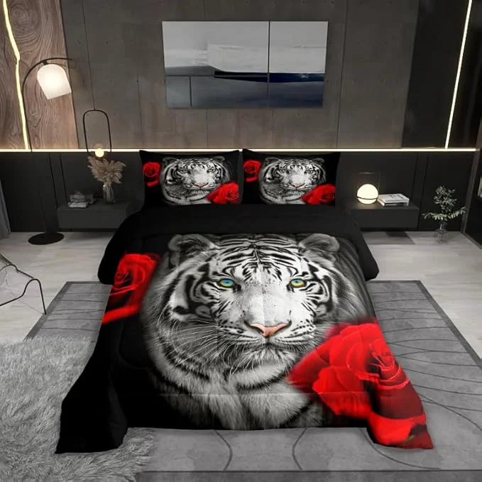 Certified Castle Fairy Tiger Flower Bedding Set King Size 3D Africa Tiger Animal Comforter Set for Kids Teens Room Decor Red Rose Floral Duvet Insert Tiger Wildlife Down Comforter Set 3Pcs Contemporary