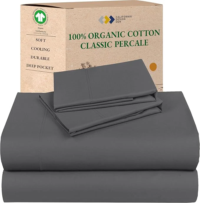 Innovative California Design Den Bed Sheets California King Size Set – Soft Organic Cotton Sheets with Deep Pockets Crisp Percale Breathable and Durable Bedding Set – Grey Recyclable