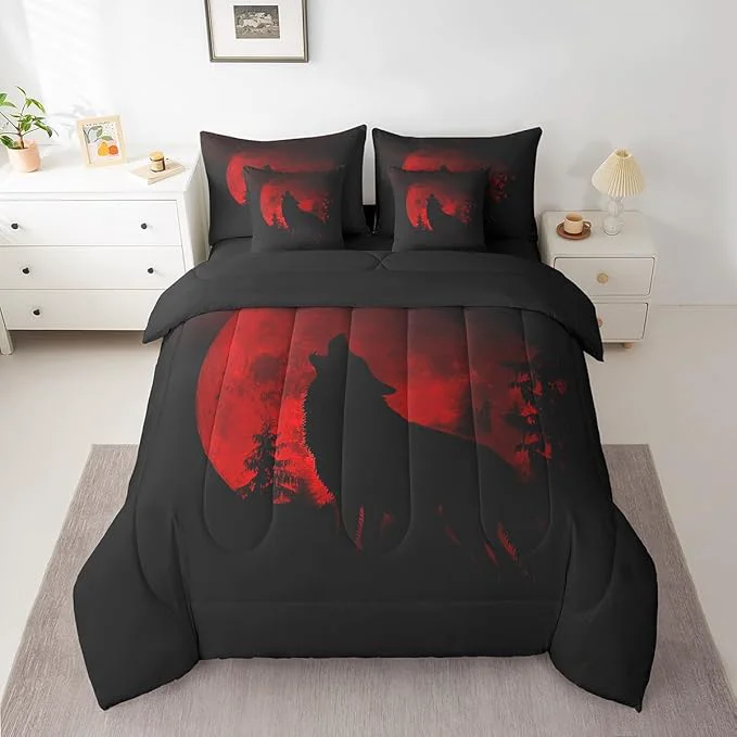 Versatile Castle Fairy Wolf Silhouette Bed in a Bag Comforter Set Howling Wolf Animal Twin Size 7 Pieces for Kids Teens Jungle Red Moon Bedding Set with Comforter Sheet Set Pillowcases Pillow Covers Fine Crafted
