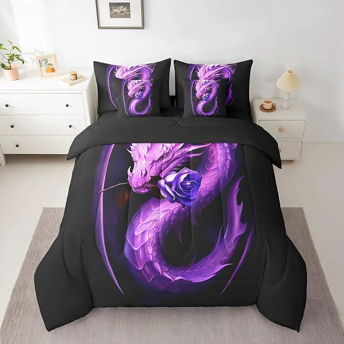 Optimized Erosebridal Gothic Dragon 7 Piece Comforter Set Full Bed in a Bag Purple Rose Bedding Sets Prehistoric Animal Flowers Sheet Set with Comforter Healthy