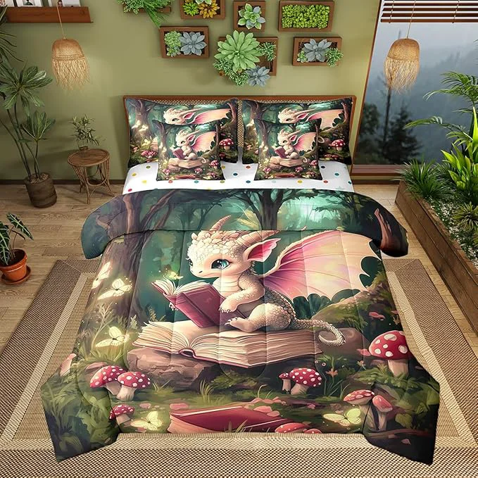Trendy al Dragon Wildlife Comforter Set Childlike Fairy Tale 7 Piece Bed Set King Size for Kids Cute Jungle Mushroom Bed in a Bag Bedding Set with Comforter Sheet Set Pillowcases Pillow Covers Relaxed