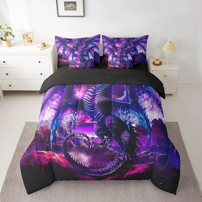 Exclusive Erosebridal Dragon 7 Piece Comforter Set Full Bed in a Bag Vintage Dreamy Blue Dragon Wings Bedding Sets Prehistoric Mythical Animal Sheet Set with Comforter Professional