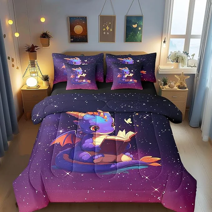 Reliable Lovely Dragon Comforter Set 7 Pieces Twin Size Purple Black Ombre Galaxy Bedding Set for Kids Cartoon Western Dragon Animal Comforter Fitted Flat Sheet 2 Pillowcases 2 Throw Pillow Covers Genuine