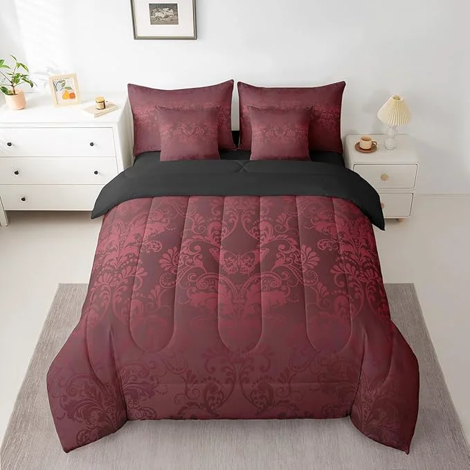 Fine Erosebridal Gothic Damask Bed in a Bag King Size Comforter Set 7 Pieces Butterfly Skull Bedding Sets Red Victorian Floral Goth Sheet Set with Comforter Prestigious