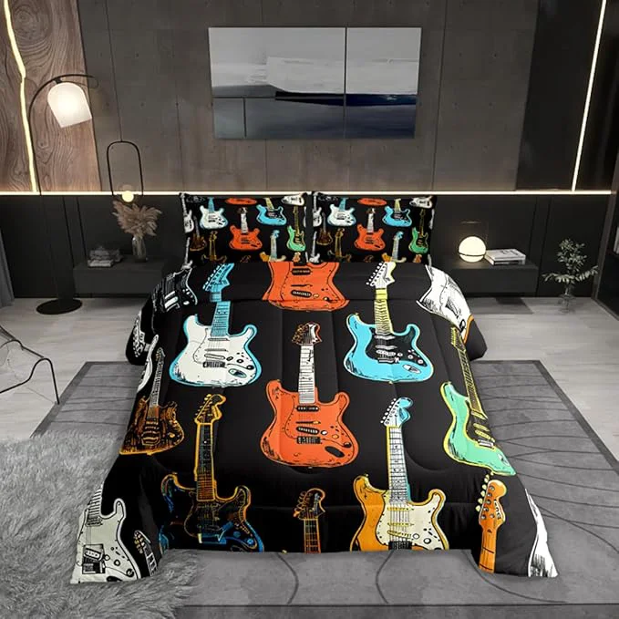 Comfortable Castle Fairy Colorful Guitar Bedding Set Full Size Musical Instruments Comforter for Child Toddler Teens Rock Bass Music Lover Down Comforter Sketch Style Guitar Duvet Insert with 2 Pillowcases Trendy