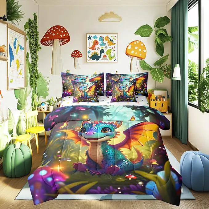 Modern Cartoon Dragon Bed in a Bag Comforter Set Western al Animal Twin Size 7 Pieces for Kids Cute Jungle Mushroom Botanical Bedding Set with Comforter Sheet Set Pillowcases Pillow Covers Professional